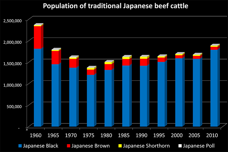 Chart of populations of traditional Japanese beef breeds being Japanese Black, Japanese Brown, Japanese Shorthorn and Japanese Poll in Japan since 1960